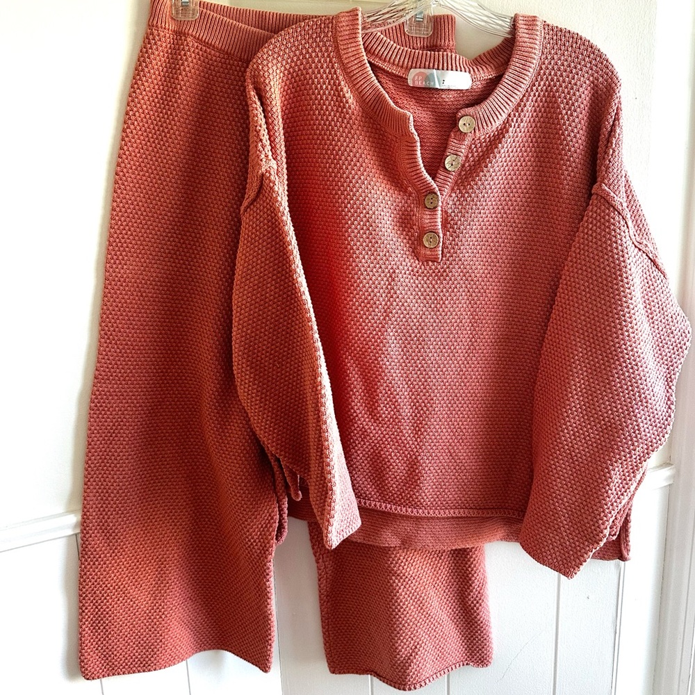 Free People Hailee Sweater Pants Set Tuscany Waffle Knit Wide Leg Boho Size S